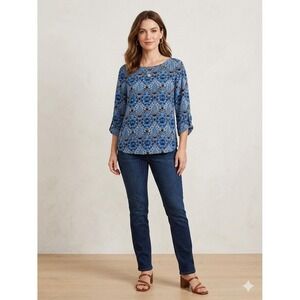 LOFT Paisley Blouse Size Medium Blue Orange Boat Neck Long Sleeve Top Shirt Poly